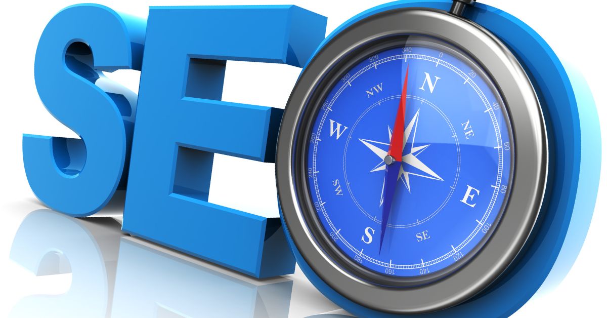 How long does SEO take – Blue SEO text with a compass, symbolizing the time and direction needed for SEO results and website ranking.